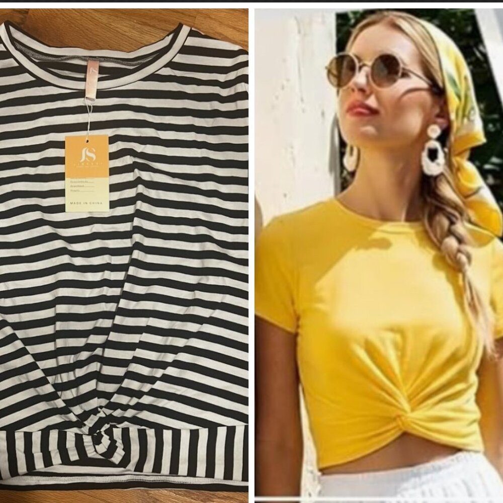 JINKESI Women's Short Sleeve Round Neck Crop Tops Twist Front Tee